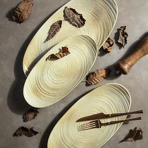 Оригинальный керамический поднос для сашими, 14 дюймов, Оптом из Гуанчжоу, керамическая посуда, бежевая матовая фарфоровая овальная тарелка