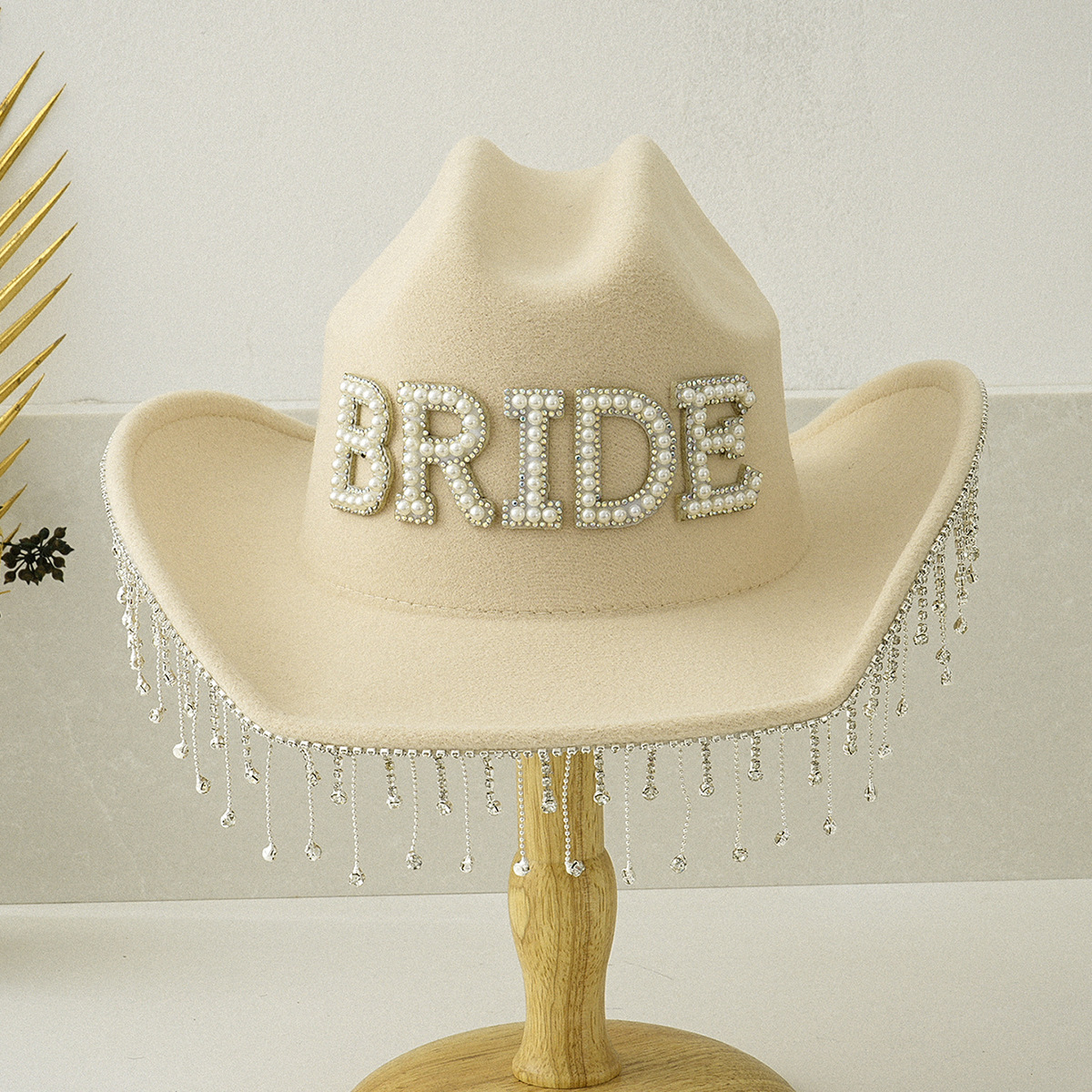 Beige Bridal Cowboy Hat with Pearl Fringe Cowgirl rhinestone fringe hat beige / Bride Cowgirl Hat  main image 4