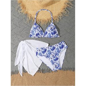FOXA Girl's 3 Piece Floral Print Halter <b>Bikini</b> <b>Set</b> With Cover Up Beach Skirt Swimwear For Girls Stretch Spandex Polyester - Product Image 5