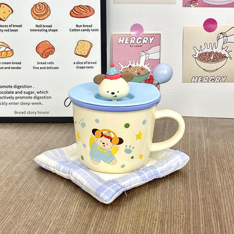 [ฝาปิดแก้วทรงกลมพร้อมช้อน] ปากกลับ ลายสุนัขสีน้ำเงิน