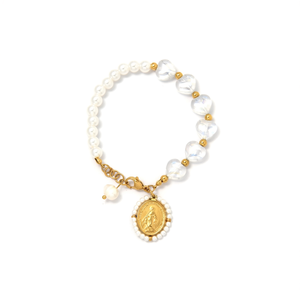 PVD <b>Gold</b> Plated 316L Stainless Steel <b>Bracelet</b> With Pearl And Crystal <b>Beads</b> Religious Charm For Women - Product Image 2