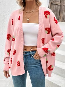 Cardigan pour <span class=keywords><strong>femme</strong></span> à motif fraises, côtelé, pour tous les jours, polyvalent, style décontracté, <span class=keywords><strong>pull</strong></span> tricoté - Product Image 4