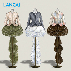 Conjunto Lancai al por mayor personalizable con volantes de gasa en capas, cuello mandarín, manga larga y falda de tul escalonada de corte alto-bajo - Product Image 1