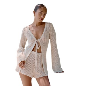 Autumn New Beach Women's Solid Color <strong>Sexy</strong> Knitted Beach Bikini Swimsuit Blouse Sun-Proof Set - Product Image 5