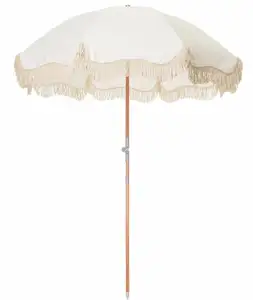 Digital Printing Low MOQ Sea Safe Wooden Beach Umbrella With Tassels Premium Beach Umbrella Beach Umbrella