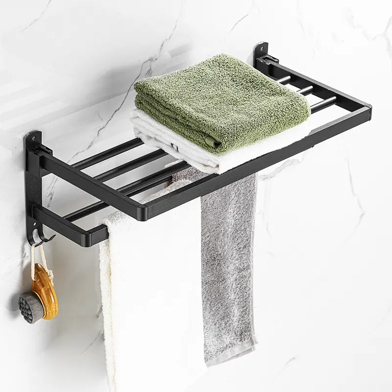 Stainless Steel Black Double Towel Holder Wall Mounted Bathroom Storage Shelf Foldable Towel Rack for Bathroom