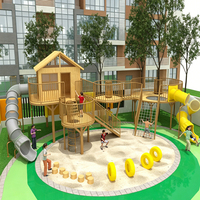 Structure de jeu extérieure en bois pour enfants, en forme de maisonnette, avec toboggan et structure d'escalade, sûre, durable et personnalisable, pour les 3-12 ans