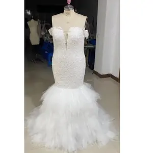 Vestidos de casamento ombro fora gola v, frisado de renda sereia tule babados foto real 2021