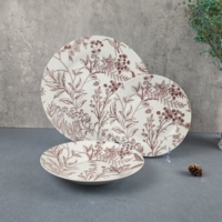 Service de table 18 pièces rose et blanc avec impression tampon, motif floral exquis, assiettes pour 6 personnes