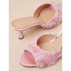 pink Satin Kitten <b>Heel</b> Slide Sandals Mule Shoes Open <b>Round</b> <b>Toe</b> slip on Heeled Sandals with Textured Floral-like Detailing - Product Image 3