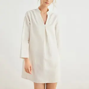 Custom Fall 2023 Casual Dress For Women Long Sleeve Beige White Linen V-Neck Tunic Mini Dress