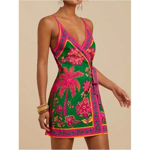Vestido Camisero con Estampado Tropical para Mujer, Sin Mangas, Cuello en V Cruzado, Lazo, Estilo Boho, Cintura Natural, Informal, Transpirable, Tejido - Product Image 2