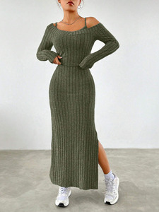 Conjunto de Moda Otoño-Invierno, Estilo Simple y Elegante, Vestido Verde con Tirantes para Mujer - Product Image 6