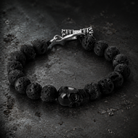 Bracelet en pierre de lave naturelle avec pendentif crâne noir, perles, style gothique punk, bijoux pour hommes, logo personnalisé OEM, vente en gros