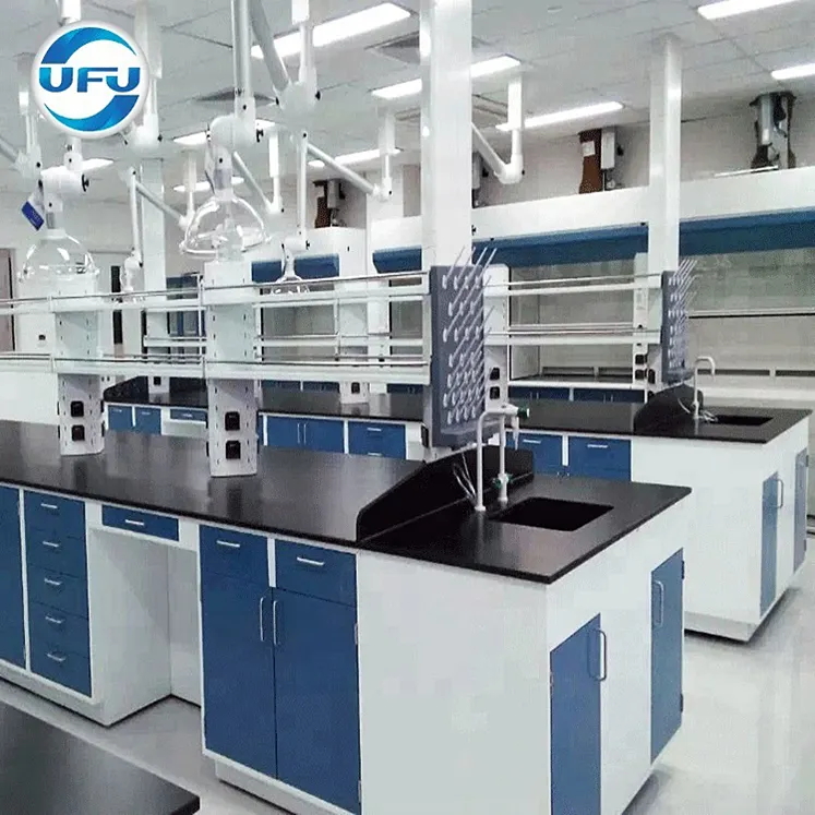 Laboratory Island Workbench with Suspended Cabinet and Reagent Shelf