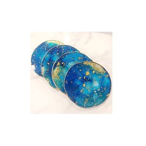 Posavasos de resina, accesorios para tazas de té de forma redonda, juego de posavasos de resina con borde dorado de 4 piezas - Product Image 4