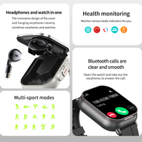 Layar HD IPS 2,01 inci, Smartwatch 2 in 1, Earbuds TWS, Pelacak Kebugaran Silikon, Monitor Detak Jantung, Pedometer, Magnetik Persegi