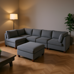 Set di divani componibili modulari in tessuto a forma di L, 6 pezzi, con pouf per soggiorno, design contemporaneo, gambe in legno, grigio - Product Image 2