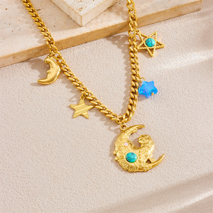 Gold Plated Stainless Steel Moon Owl Star Pendant Chain Clavicle Necklace Party Jewelry - Product Image 1