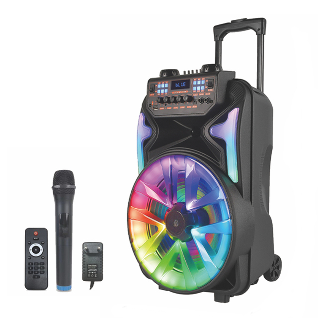 MBA Cheap 15 Inches Active Loud Speaker with Wireless UHF Microphones Trolley Speaker for Party
