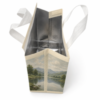 Sac isotherme de livraison en gros, personnalisé avec impression paysagère, en non-tissé avec doublure en feuille de PP, poignée supérieure blanche, pour café et thé