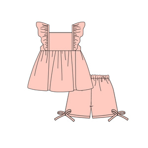 GSD3689 CUSTOM Ensemble d'été rose uni pour petite fille active, avec manches volantes, vente en gros pour enfants - Product Image 3