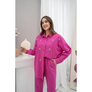 Ensemble de vêtements de nuit en lin classique pour femmes, fuchsia, manches longues, doux, orné, deux pièces - Product Image 4