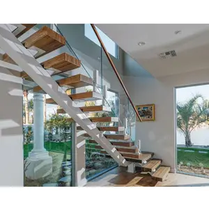 계단 직접 공장 실내 수영장 투명 트레드 미끄럼 방지 플로팅 럭셔리 모듈러 오크 스틸 빔 계단 현대 계단 디자인