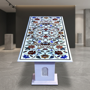 Mesa de Comedor Moderna y Duradera con Incrustaciones de Mármol Blanco de Lujo, Hecha a Mano con Tecnología Pietra Dura, Apta para Conferencias - Product Image 3