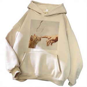 Sudadera con Capucha Beige para Mujer con Estampado de Gato, Bolsillo Frontal, Tejida, Manga Larga, Estilo Casual de Otoño, Talla Grande - Product Image 4