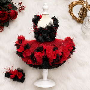 Robe de luxe pour chien, rouge et noir, avec appliques florales 3D, en tulle superposé, pour petite taille, tenue de fête, jupe pour chiot, costume d'anniversaire - Product Image 2