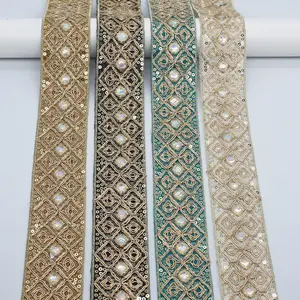 Width 4 cm Ethnic Style lace ribbon Rhombus Sequins bar code Golden Corded embroidery lace trim for clothing accessories