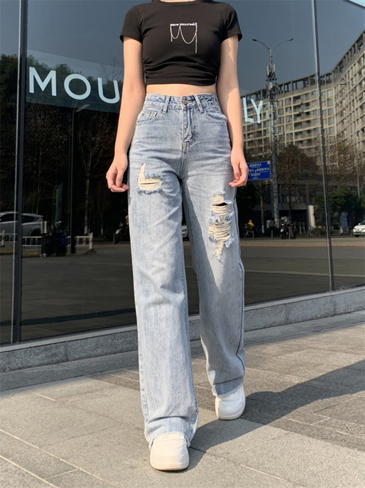 New Arrivals Fashion Loose Light Blue Denim Pants Wide Leg Ripped Jeans For Women