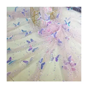 Sıcak satış kelebek pullu tül kumaş 100% polyester gelin tül lüks renkli parlak dantel kumaş için düğün elbisesi