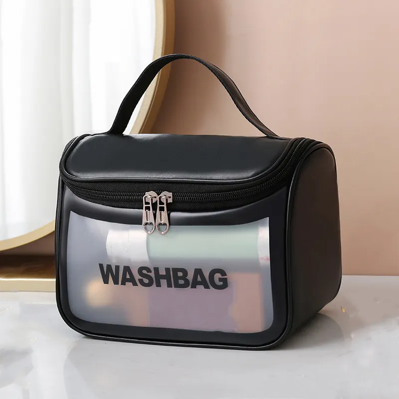 Bolsa de maquillaje transparente personalizada, bolsa de viaje impermeable para artículos de tocador, bolsa de embalaje de cosméticos de PVC transparente con doble cremallera y asas