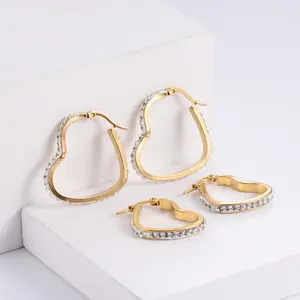 waterproof titanium stainless steel 18k gold plated zircon diamond beads bezel paving on side heart hoop drop earring jewelry