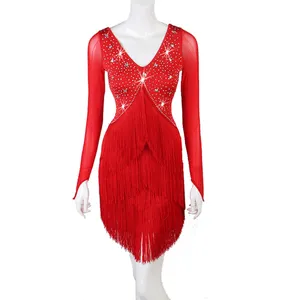 लाल लटकन लैटिन प्रदर्शन नृत्य पोशाक चा चा लैटिन प्रतियोगिता लटकन नृत्य कपड़े
