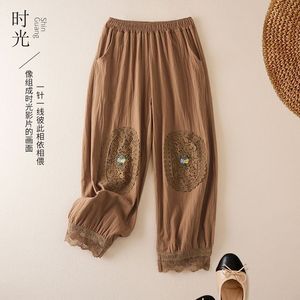 Cotton Linen Embroidery Cropped Harem Pants Lace Waist Loose Casual Women's Pants - Product Image 1