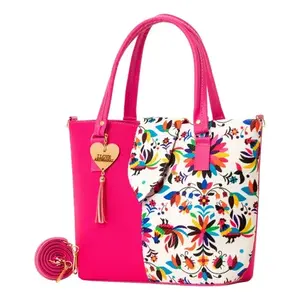 Bolso Tote de Yute para Mujer Fana Darcy Fiusha, Estilo Bohemio con Paneles, Bolso de Mano para Compras de Primavera, Asas Color Fucsia con Decoración de Botones - Product Image 3