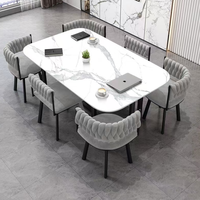 Ensemble de table à manger moderne en pierre frittée pour 6 personnes avec chaises rembourrées en rotin jaune - Meubles de salle à manger écologiques et durables pour la maison