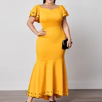 Váy Maxi Nữ Thanh Lịch, Đầm Ôm Sát Eo Cao Màu Vàng Đính Cườm, Ngắn Tay, Có Cỡ Lớn