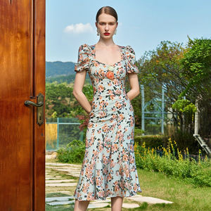 ZYHT 10360 produttori di abbigliamento Summer Chic Retro Temperament manica a sbuffo Rose Midi Print Women <span class=keywords><strong>Dressy</strong></span> Dress - Product Image 2