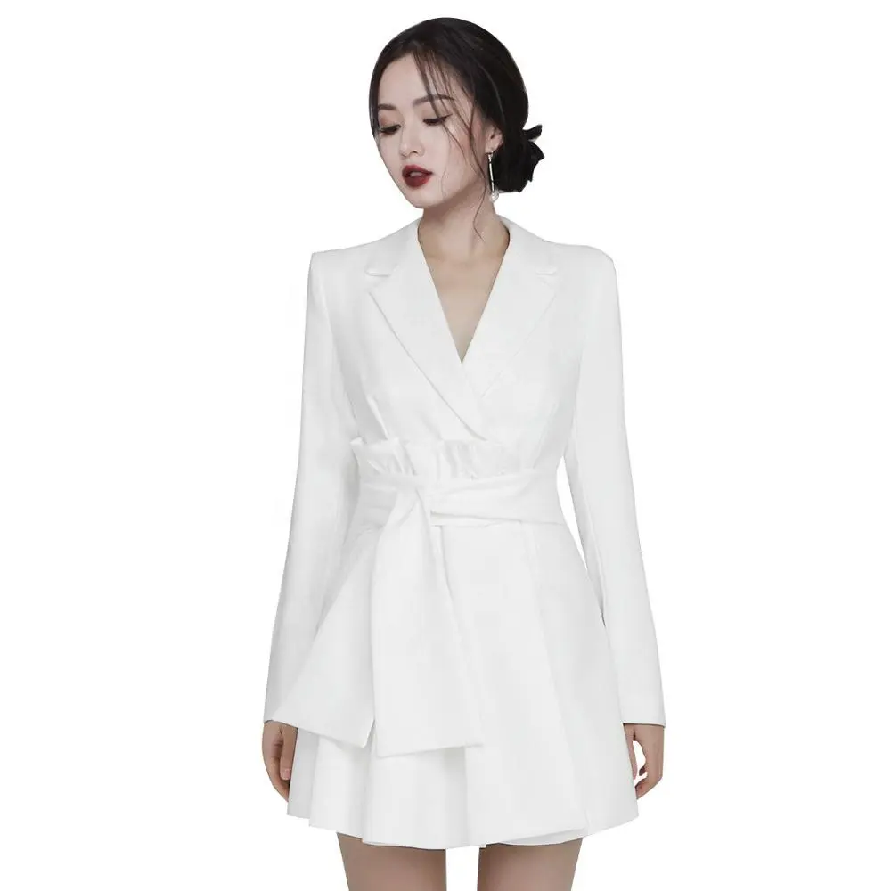 Spring 2022 Fashion V-neck Slim Wrap Belted A-line Ladies Business Suit Dress Tailored Blazer Dress