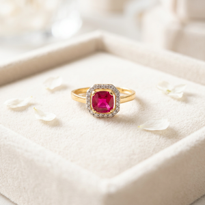 Elegant 14K <b>Gold</b> <b>Cocktail</b> <b>Ring</b> with Red Stone Center Sparkling Halo Design Stylish Luxury Wedding Jewelry for Women Wear Gifting - Product Image 2