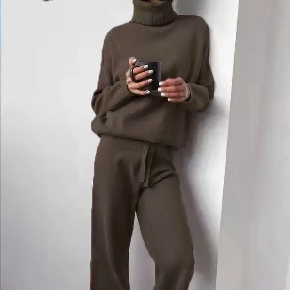 Winter high-necked knit and wide leg pants two piece clothing 2 piece set Women Knit Ladi Sweater Suit Women's Sweaters