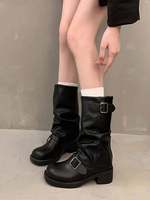 Bottes de cowgirl en daim personnalisées pour femmes, à bout carré, mi-mollet, style slouch, talon bloc épais, plateforme, avec bride à boucle, style western, vente en gros