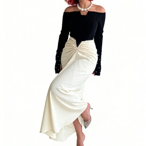 Robes de soirée élégantes pour femmes, à manches longues, plissées, bicolores, avec perles, tendance - Product Image 2