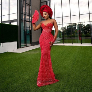 Vestidos de noche personalizados con cuentas brillantes Aso Ebi, tallas grandes, con cristales, mangas largas, vestidos de fiesta de boda tradicionales africanos - Product Image 1