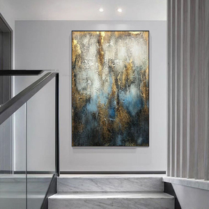 100% pintado a mano textura azul profundo lienzo pintura al óleo abstracta moderna atmósfera de lujo pintura de hoja de oro - Product Image 5