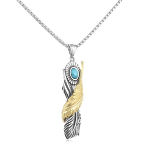 yunnique Two-Tone Stainless Steel Feather Pendant With Turquoise Inlay For Men And Women Gift Necklace 231051 - Product Image 5
